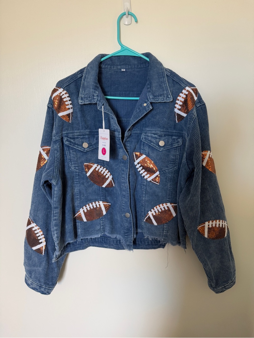 Sequin Football Embellished Indigo Corduroy Jean Jacket